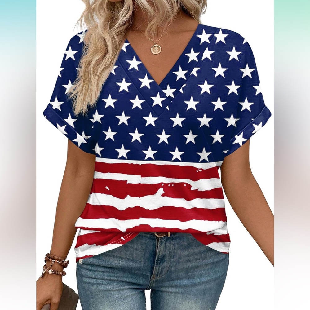 Patriotic Top for Women Short Sleeves V-Neck